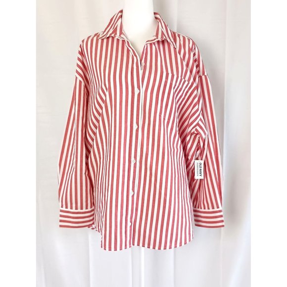 Old Navy the boyfriend shirt red white stripe relaxed fit cotton size L - Picture 1 of 8